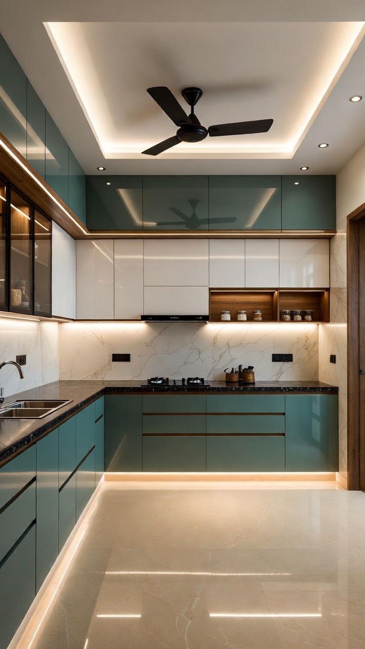 Contemporary U-shaped modular kitchen with sage-teal glossy cabinets, marble backsplash, LED cove lighting, and black granite countertop — Shanay Design Studio